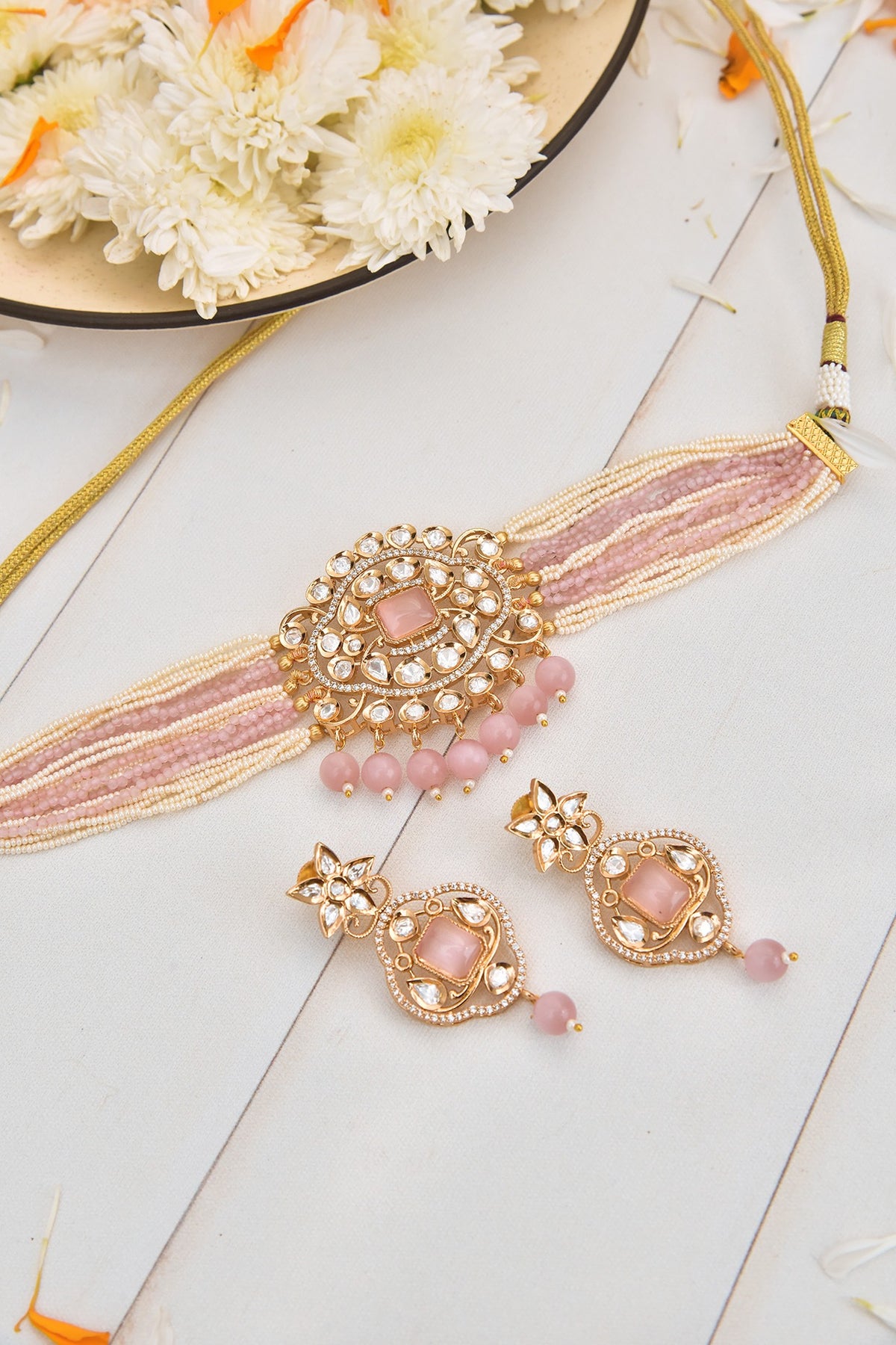 Gold Finish Kundan Polki Choker Necklace Set