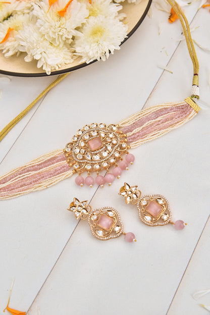 Gold Finish Kundan Polki Choker Necklace Set