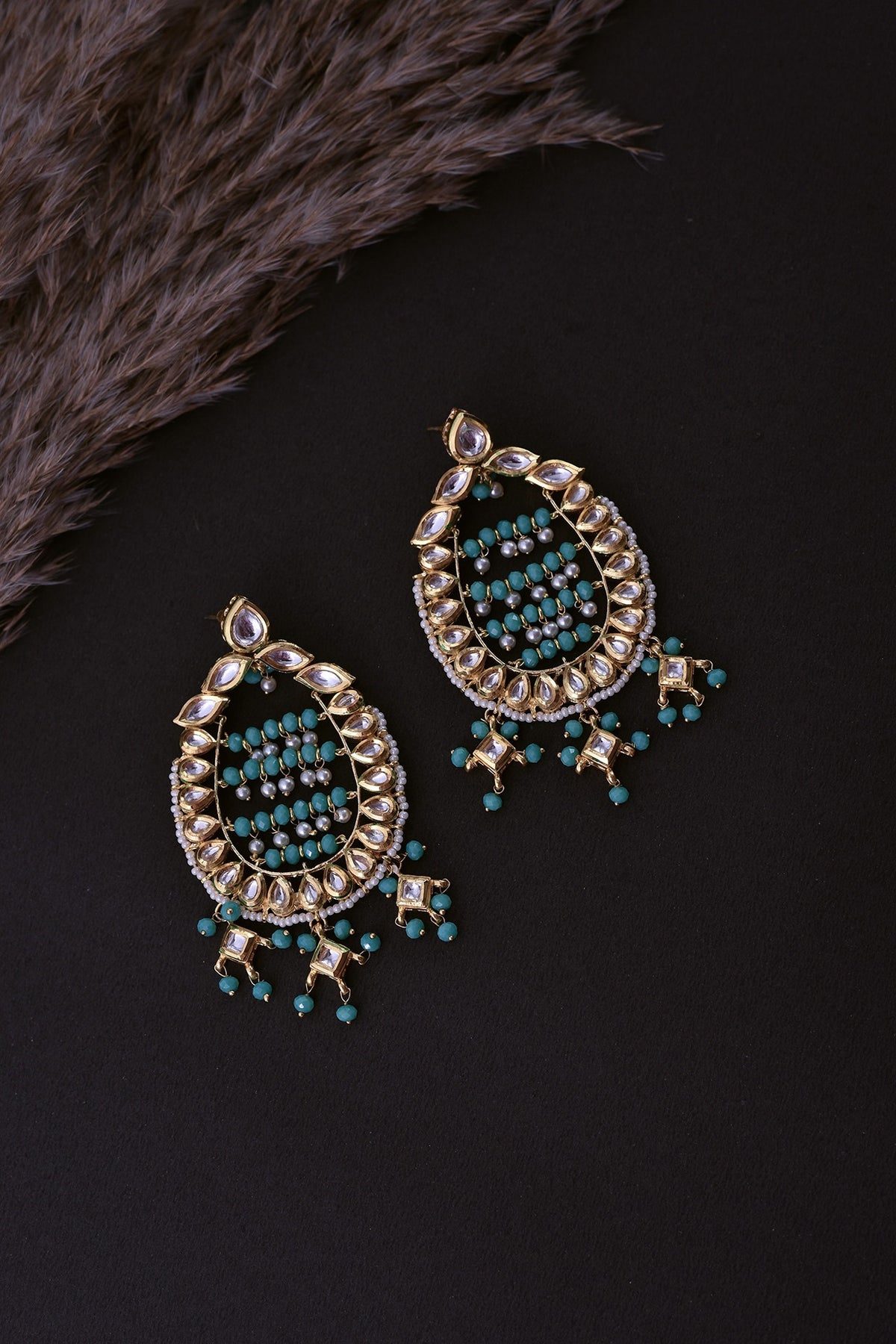 Gold Finish Kundan Polki & Pearl Dangler Earrings