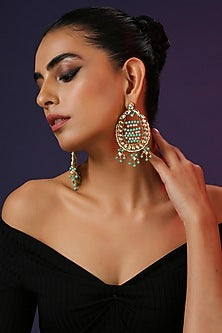 Gold Finish Kundan Polki & Pearl Dangler Earrings