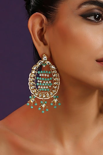 Gold Finish Kundan Polki & Pearl Dangler Earrings