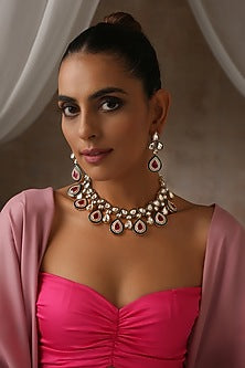 Gold Finish Red Kundan Polki Choker Necklace Set