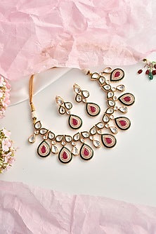 Gold Finish Red Kundan Polki Choker Necklace Set