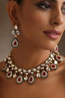 Gold Finish Red Kundan Polki Choker Necklace Set
