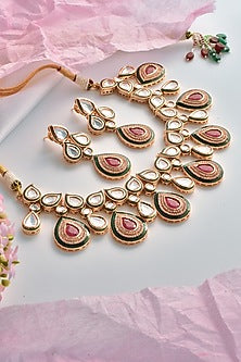 Gold Finish Red Kundan Polki Choker Necklace Set