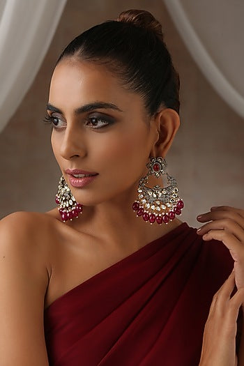 Black Rhodium Finish Red Kundan Polki Chandbali Earrings