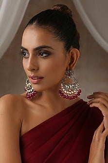 Black Rhodium Finish Red Kundan Polki Chandbali Earrings