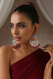 Black Rhodium Finish Red Kundan Polki Chandbali Earrings