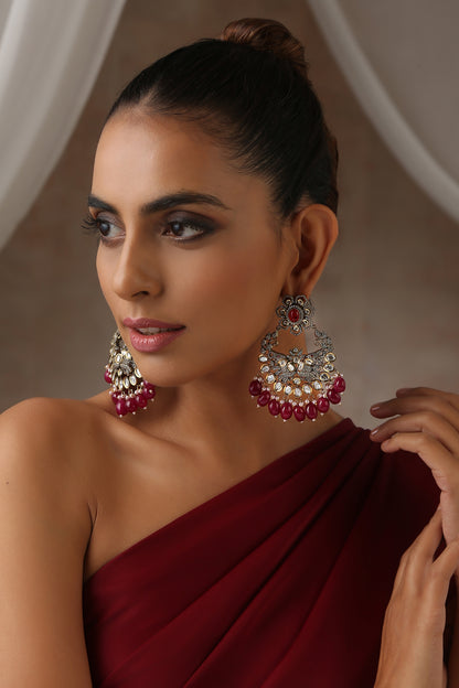 Black Rhodium Finish Red Kundan Polki Chandbali Earrings