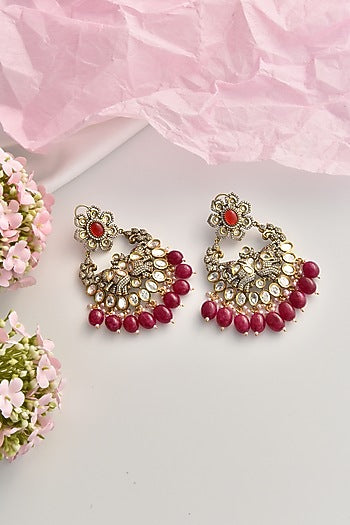 Black Rhodium Finish Red Kundan Polki Chandbali Earrings