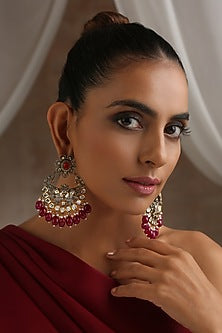 Black Rhodium Finish Red Kundan Polki Chandbali Earrings