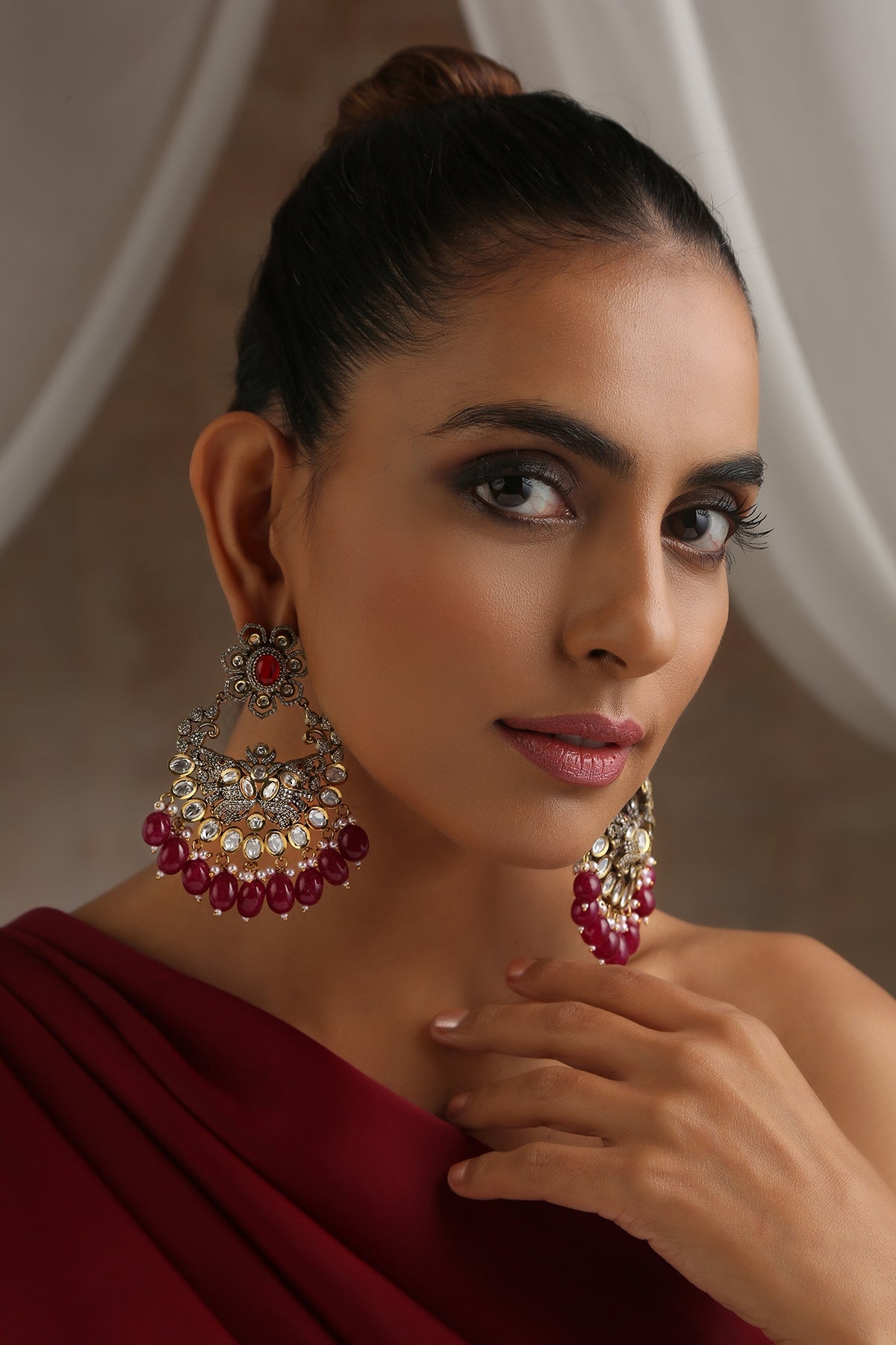 Black Rhodium Finish Red Kundan Polki Chandbali Earrings