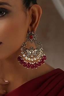 Black Rhodium Finish Red Kundan Polki Chandbali Earrings