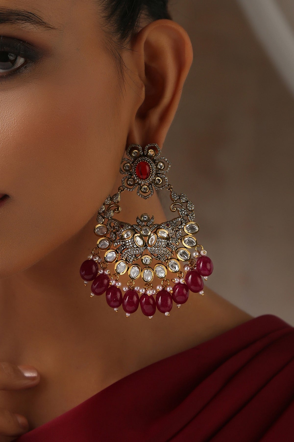 Black Rhodium Finish Red Kundan Polki Chandbali Earrings