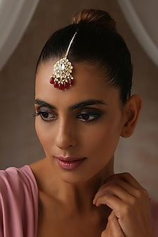 Gold Finish Red Kundan Polki Maangtikka