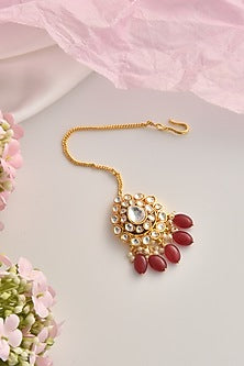 Gold Finish Red Kundan Polki Maangtikka