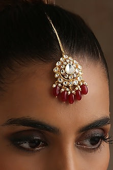 Gold Finish Red Kundan Polki Maangtikka