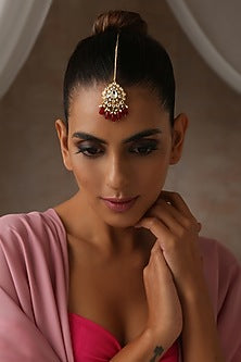Gold Finish Red Kundan Polki Maangtikka