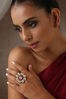 Gold Finish Red Kundan Polki Ring