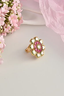 Gold Finish Red Kundan Polki Ring