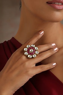 Gold Finish Red Kundan Polki Ring