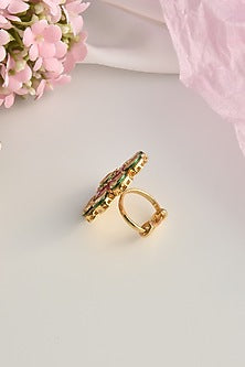 Gold Finish Red Kundan Polki Ring