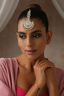 Gold Finish Kundan Polki & Pearl Maangtikka