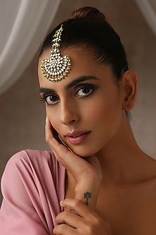 Gold Finish Kundan Polki & Pearl Maangtikka