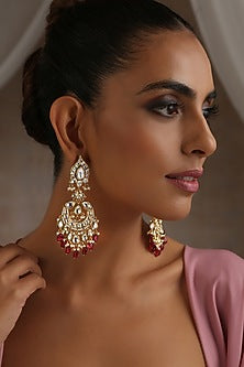 Gold Finish Red Moissanite Polki Chandbali Earrings