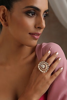 Rose Gold Finish Red Kundan Polki Ring