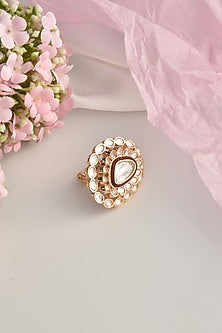 Rose Gold Finish Red Kundan Polki Ring