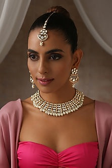 Gold Finish Moissanite Polki & Pearl Choker Necklace Set