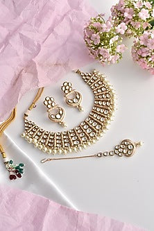 Gold Finish Moissanite Polki & Pearl Choker Necklace Set
