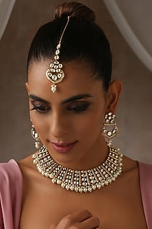 Gold Finish Moissanite Polki & Pearl Choker Necklace Set