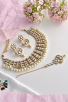 Gold Finish Moissanite Polki & Pearl Choker Necklace Set