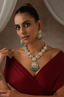 Gold Finish Green Moissanite Polki Long Necklace Set