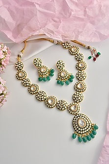 Gold Finish Green Moissanite Polki Long Necklace Set