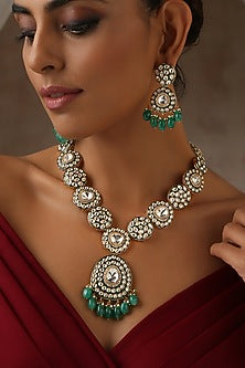 Gold Finish Green Moissanite Polki Long Necklace Set