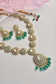 Gold Finish Green Moissanite Polki Long Necklace Set