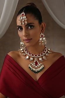 Rose Gold Finish Red & Green Uncut Polki Long Necklace Set