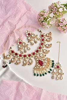 Rose Gold Finish Red & Green Uncut Polki Long Necklace Set