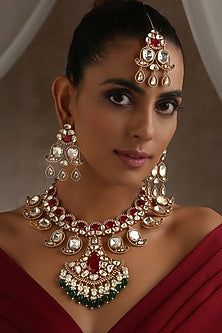 Rose Gold Finish Red & Green Uncut Polki Long Necklace Set