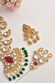 Rose Gold Finish Red & Green Uncut Polki Long Necklace Set