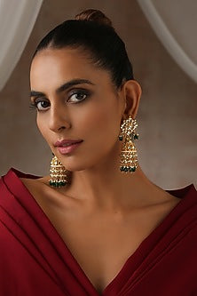 Gold Finish Green Kundan Polki Jhumka Earrings