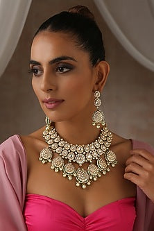 Gold Finish Moissanite Polki & Pearl Long Necklace Set
