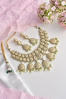Gold Finish Moissanite Polki & Pearl Long Necklace Set