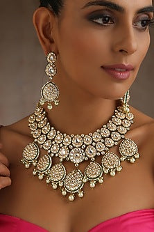 Gold Finish Moissanite Polki & Pearl Long Necklace Set