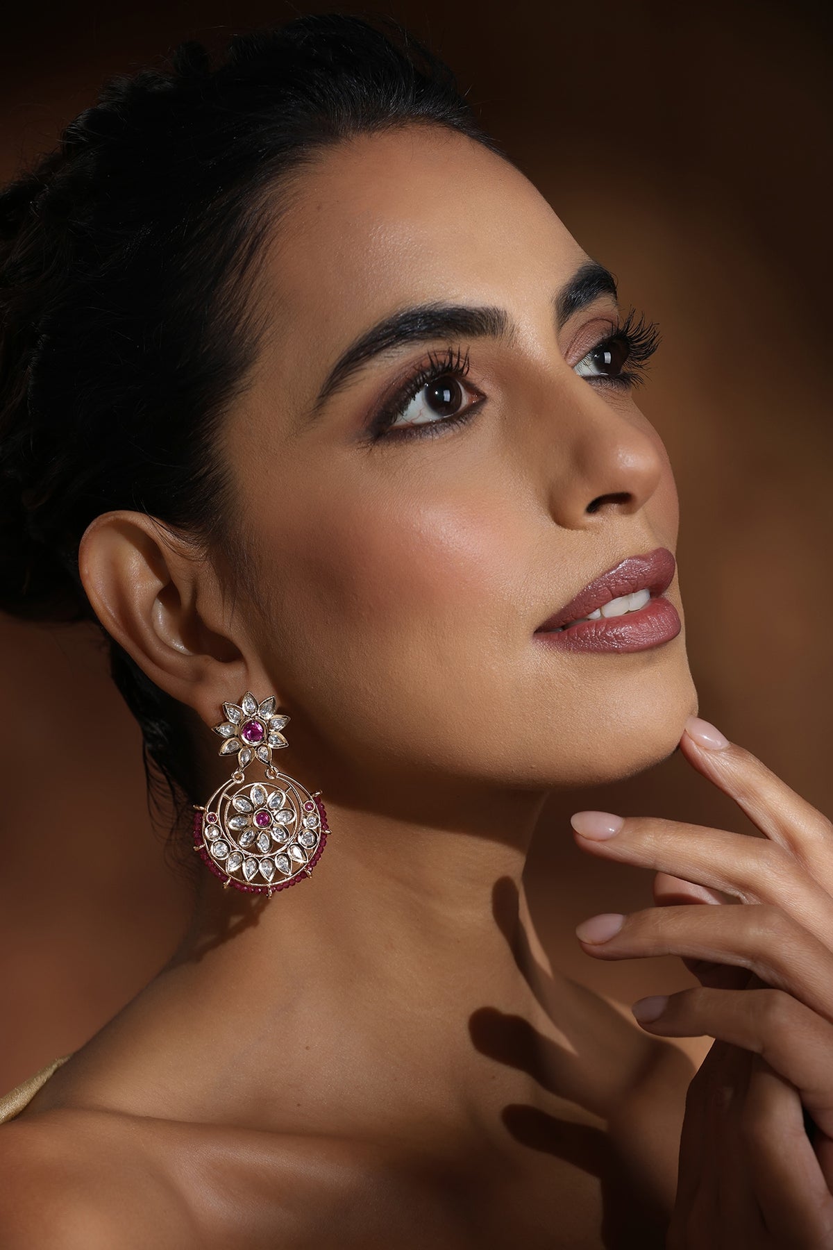 Rose Gold Finish Red Kundan Polki Chandbali Earrings