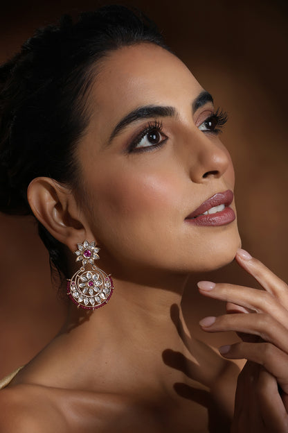 Rose Gold Finish Red Kundan Polki Chandbali Earrings