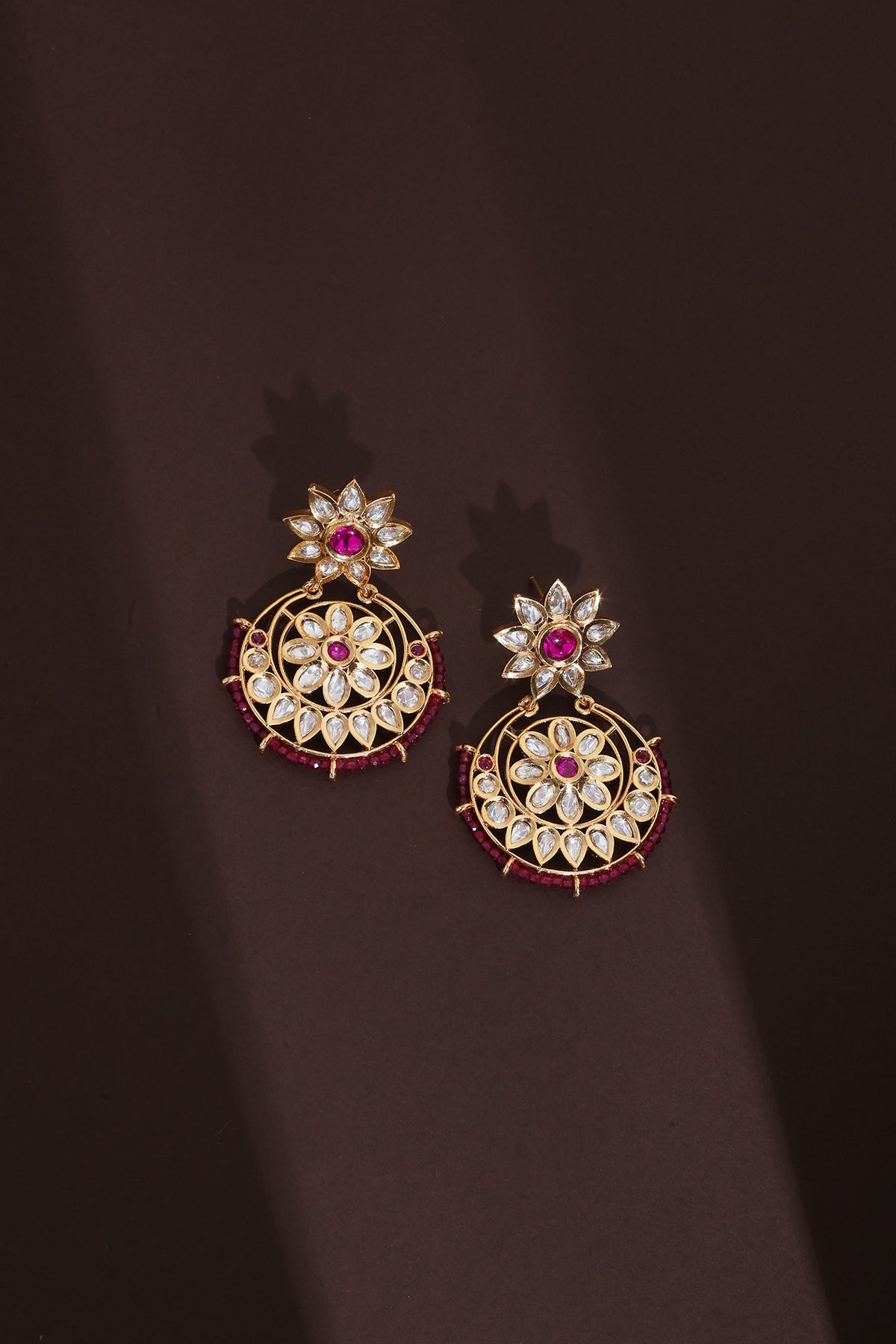 Rose Gold Finish Red Kundan Polki Chandbali Earrings